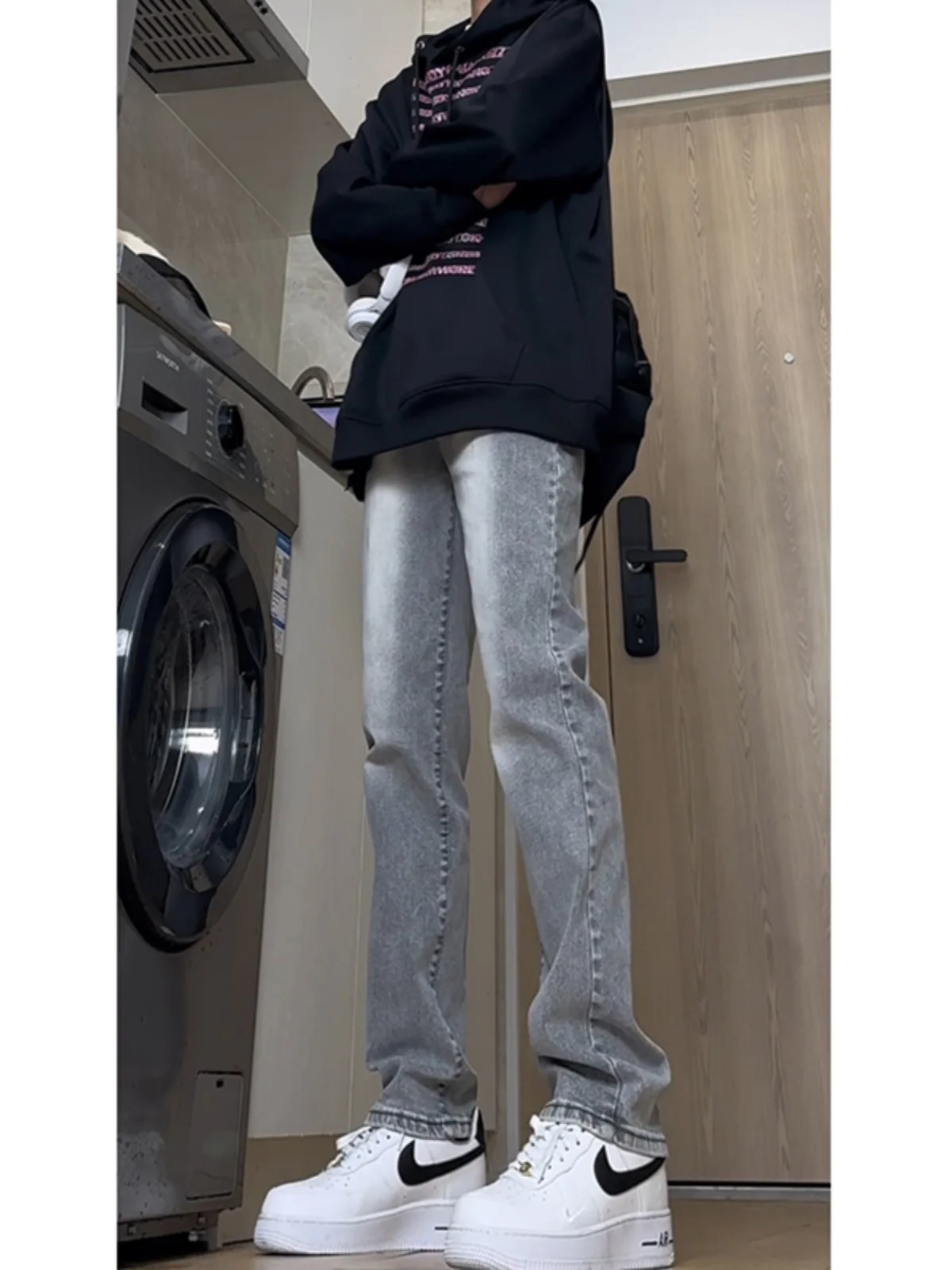 

Мужские джинсы прямого кроя с флисовой подкладкой и эластичным поясом, осенне-зимние, удлиненные, для высоких мужчин, прямые брюки с микро-клешем