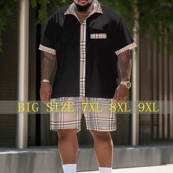 Biggmans 플러스 L-9XL 남성용 셔츠 반바지 세트, 캐주얼 컬러 블록 격자 무늬 레트로 스트리트 반바지, 세트 7XL 8XL  Best5