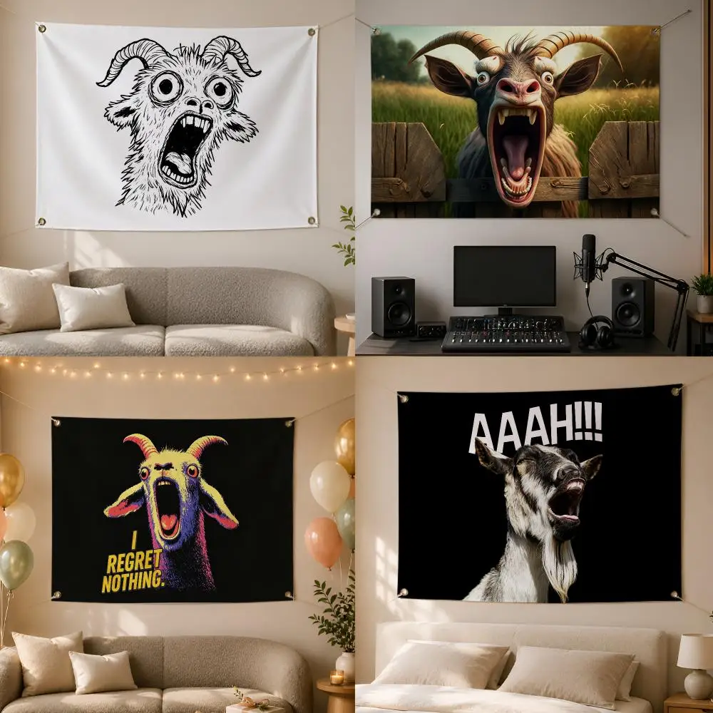 Meme Funny Screaming Goat Flags Wall Hanging Flag Banner for Bedroom Dorm Party Festival Camping Indoor Outdoor Decor