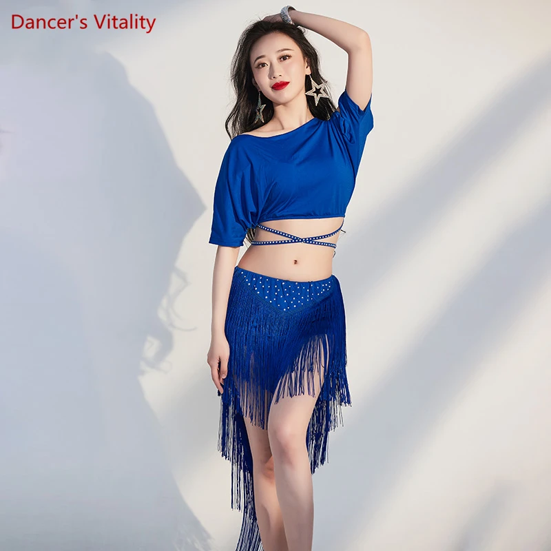 Belly Dance การฝึกอบรม Belly Dance เสื้อแขนสั้น + กระโปรงพู่ผู้หญิง Belly Dancing Performance หญิง Oriental ชุด