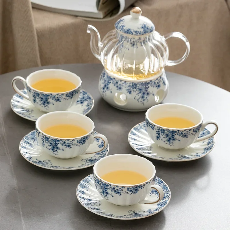 

Ceramic Tea Set Garden Style English Style Afternoon Tea Retro Flower Tea Teapot Can Be Heated Blue and White Cup Saucer Pot Set