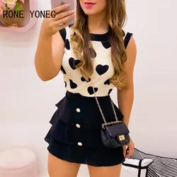 Women Print Heart Round Neck Top & Skirt Set Women Sweet Suit