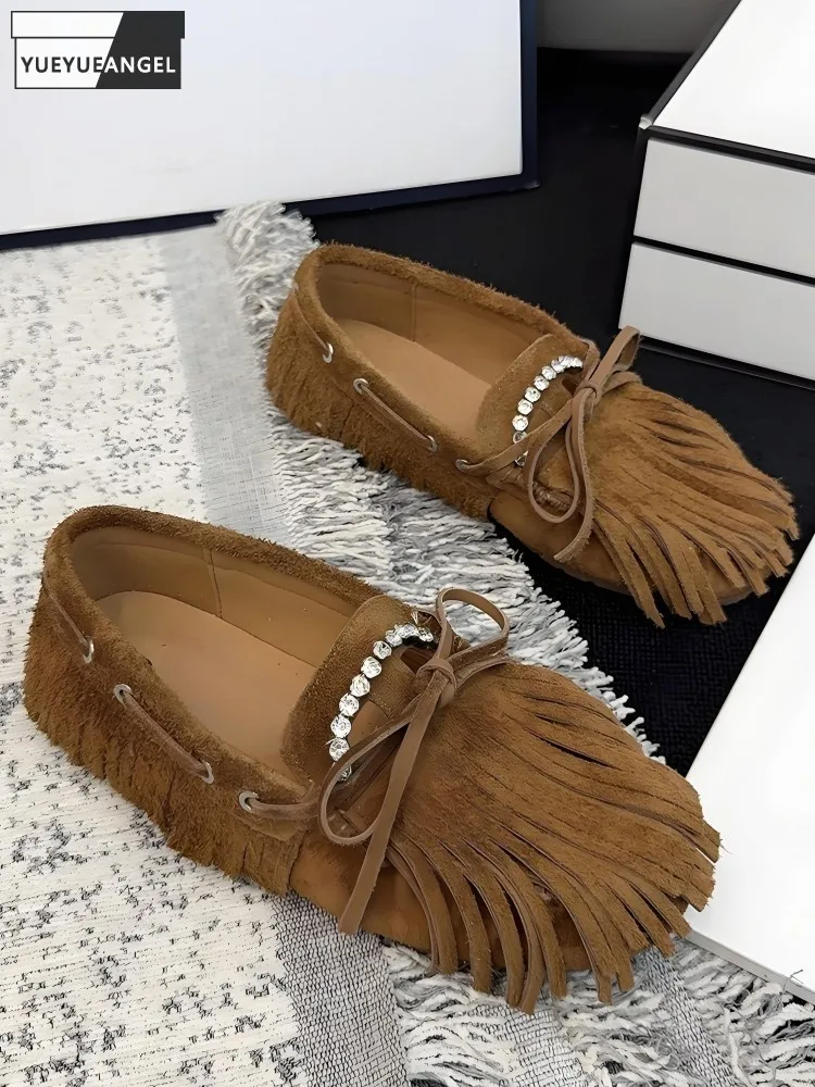

Retro Genuine Leather Diamond Tassels Versatile Loafer Female Solid Color Handmade Cow Suede Round Toe Slip On Daily Flat