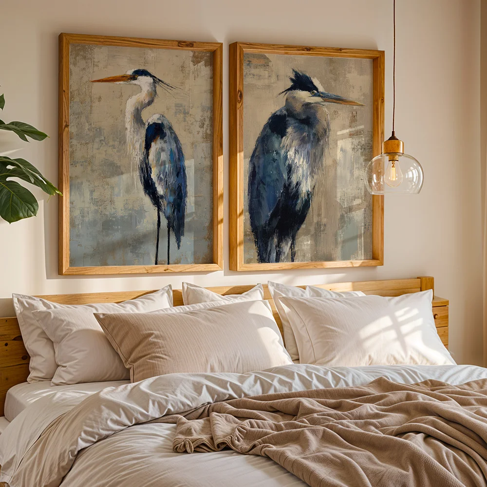 3Pcs Vintage Blue Heron Bird Oil Painting Canvas Wall Decor Painting, Aesthetic Art Home Decoration For Bedroom Living Room