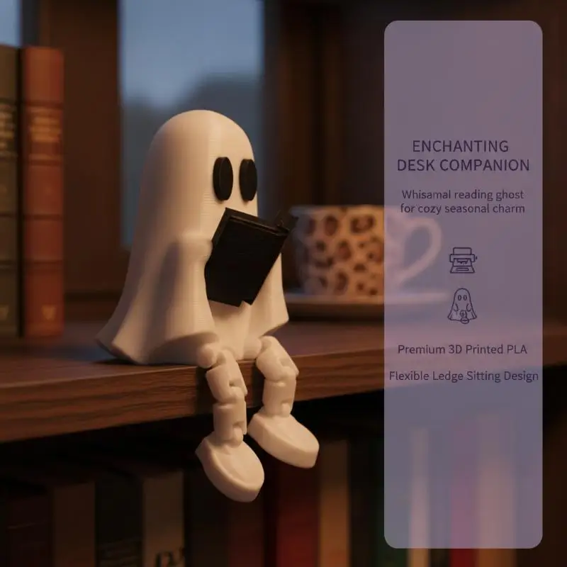 3D Printed Articulated Ghost Figurine Movable Joints Book Holding Design Cute Bookshelf Sitter for Library Decor