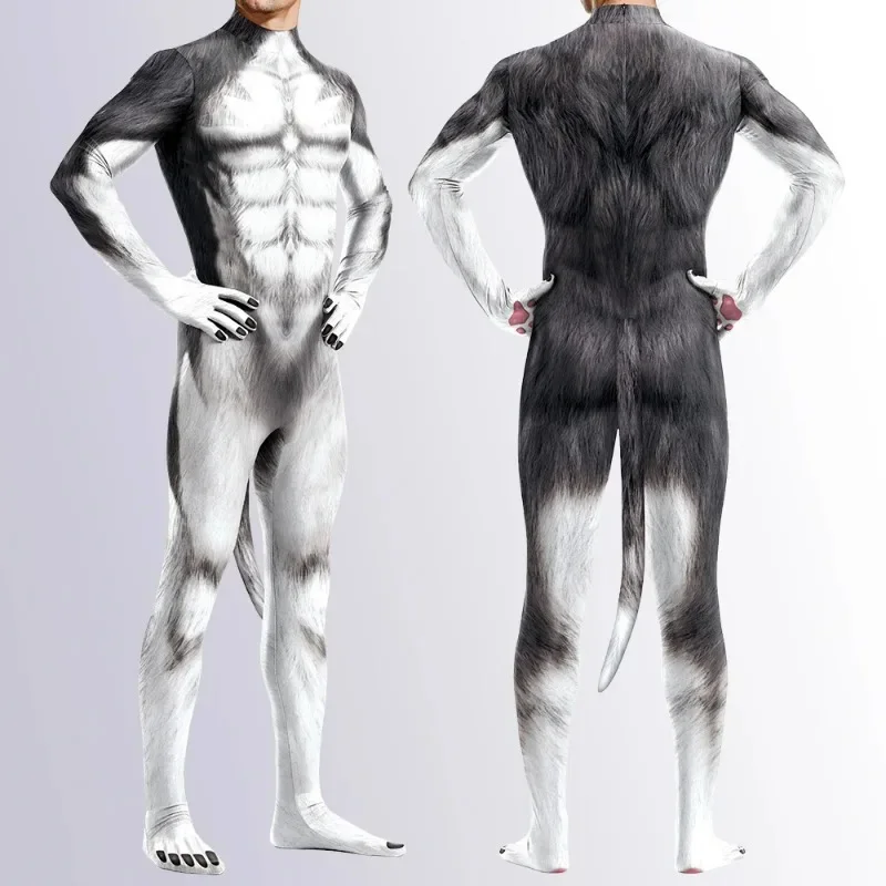 Cosplay Animal 3D Print Petsuit com cauda, traje peludo, macacão virilha zíper, homens Bodysuit Zentai, roupas de Halloween