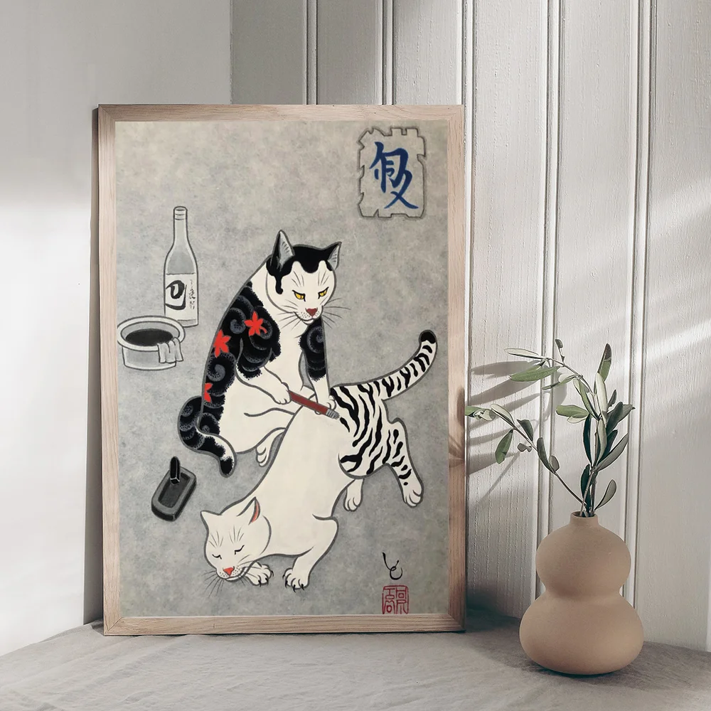 Japanese Samurai Cat Classic Vintage Posters Decoracion Painting Wall Art White Kraft Paper Kawaii Room Decor