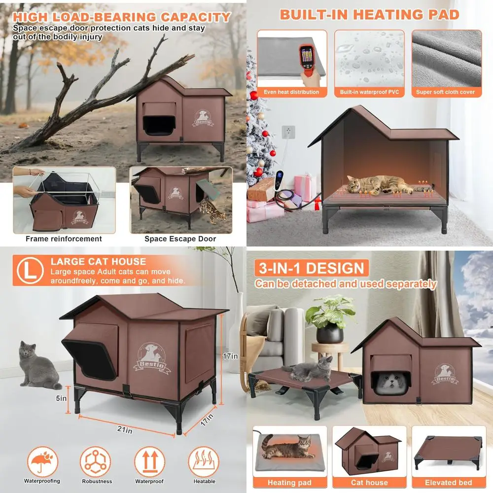 

Просторный уличный домик для кошек 21x17x17 с приподнятым основанием, умным контроллером и водонепроницаемым подогреваемым домиком для бездомых кошек