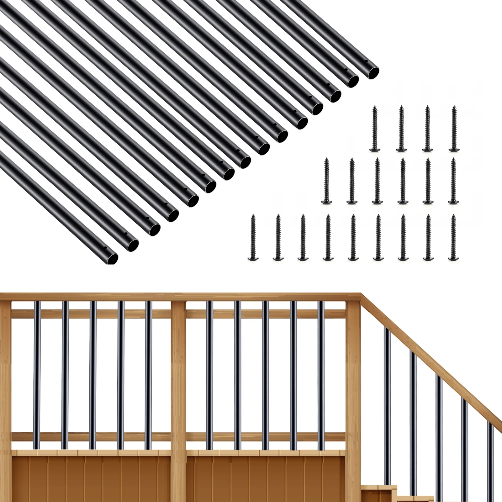 

Rengue Aluminum Deck Railing, 101 Pack Staircase Balusters with Screws, 26" Metal Deck Spindles, Black Deck Railing Balusters