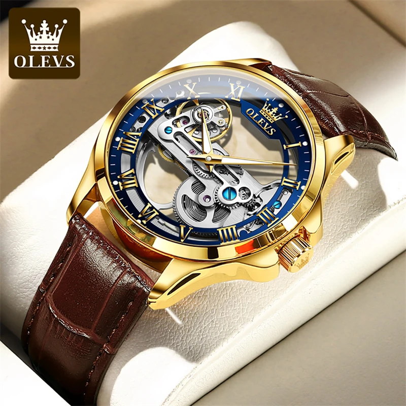 

OLEVS Brand Fashion Transparent Skeleton Mechanical Watch for Men Leather Waterproof Luxury Steampunk Automatic Watches Mens