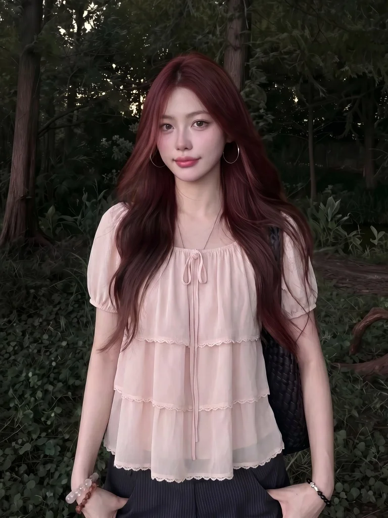 

Pink Lace Trim Square Collar Shoulder Length Shirt Women's Beautiful Doll Shirt Summer New Style plus Size Casual Korean Fashion