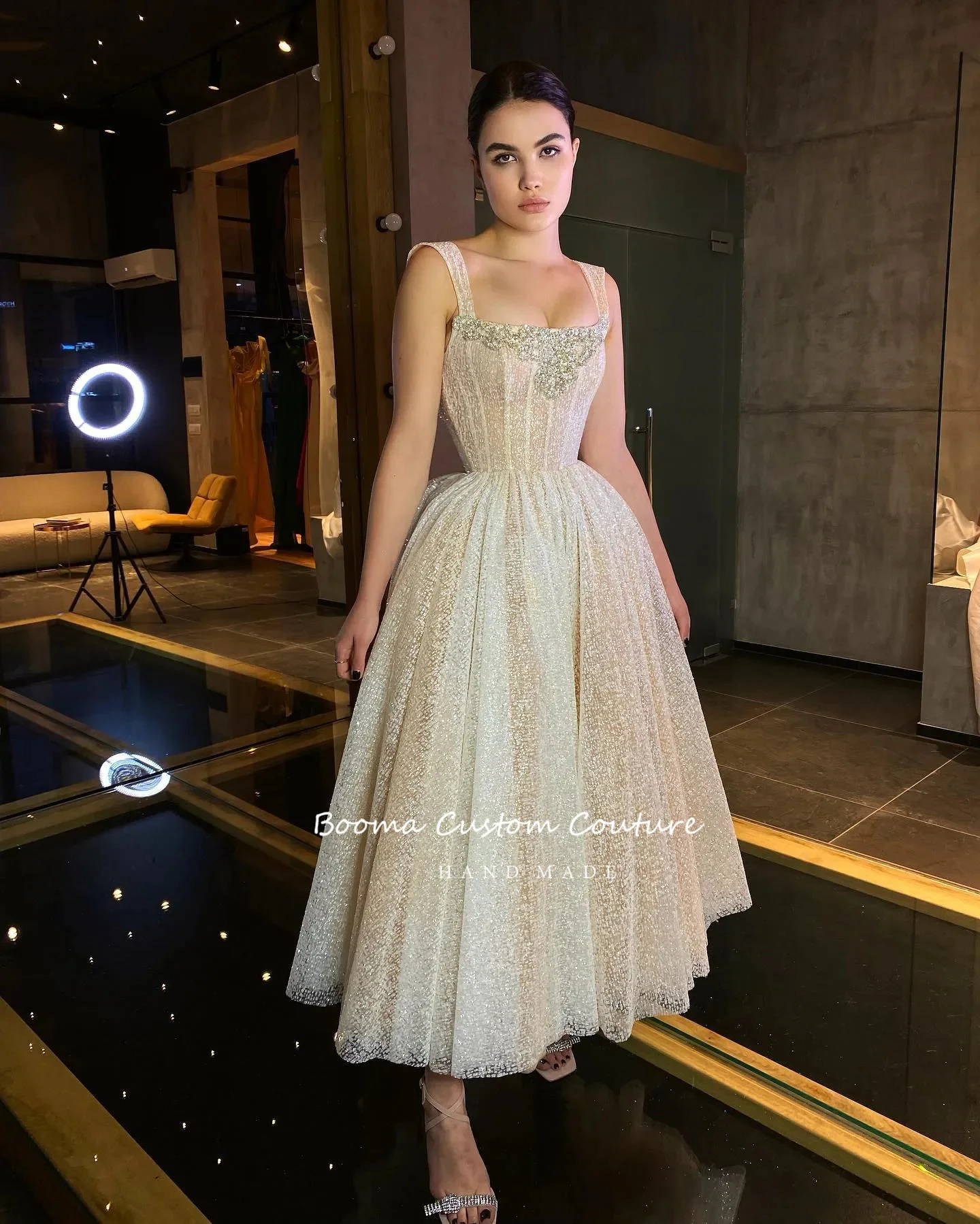 Booma Gaun Prom Midi Tulle Glitter 2022 Gaun Pesta Pernikahan A-Line Panjang Teh Bertulang Tali Spaghetti Gaun Malam Formal