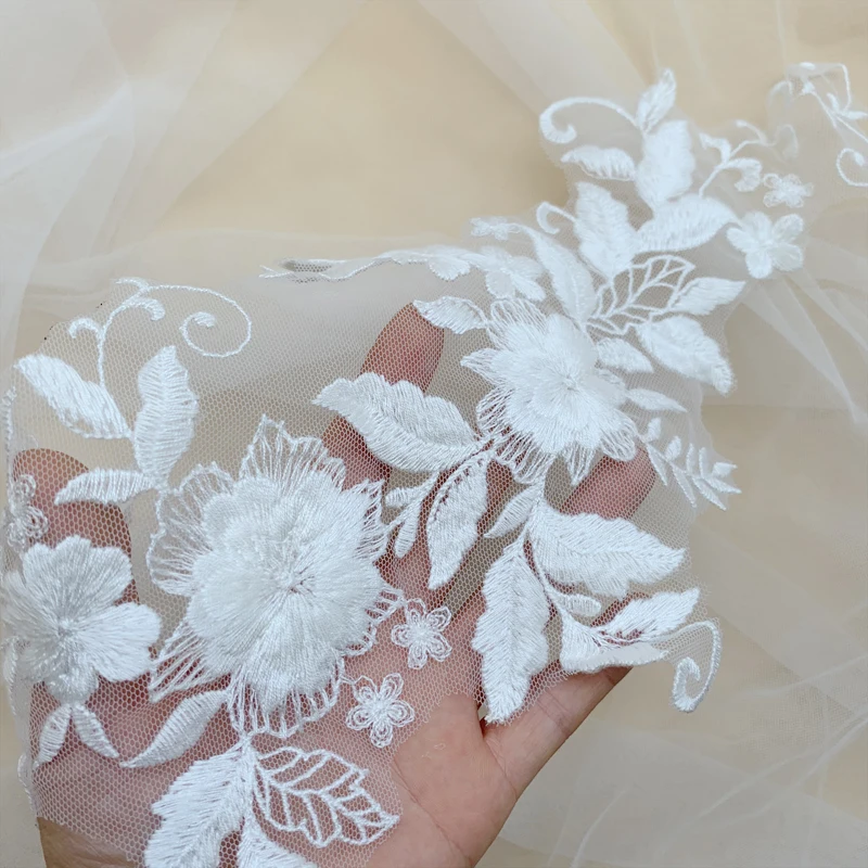 4PCS=2Pair Cotton Material 3D Mirrored Flowers Handmade DIY Wedding Dress Decoration Applique Off White  RS3415