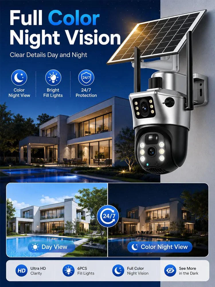 8MP 4K Dual-Objektiv Dual-Bildschirm Solar-WLAN-Sicherheitskamera für den Außenbereich, PTZ-CCTV-Kamera, 7200mAh Akku, 5GHz 2.4GHz WLAN, PIR-Bewegungserkennung, Zwei-Wege-Audio, Farb-Nachtsicht,