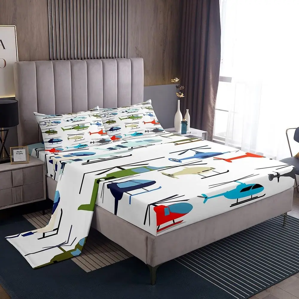 Kids Sheet Set King Aircrat Bed Set Boys Cartoon Helicopter Bed Sheets Set Airplane Decor Sheets with 2 Pillow Case Deep ket itt