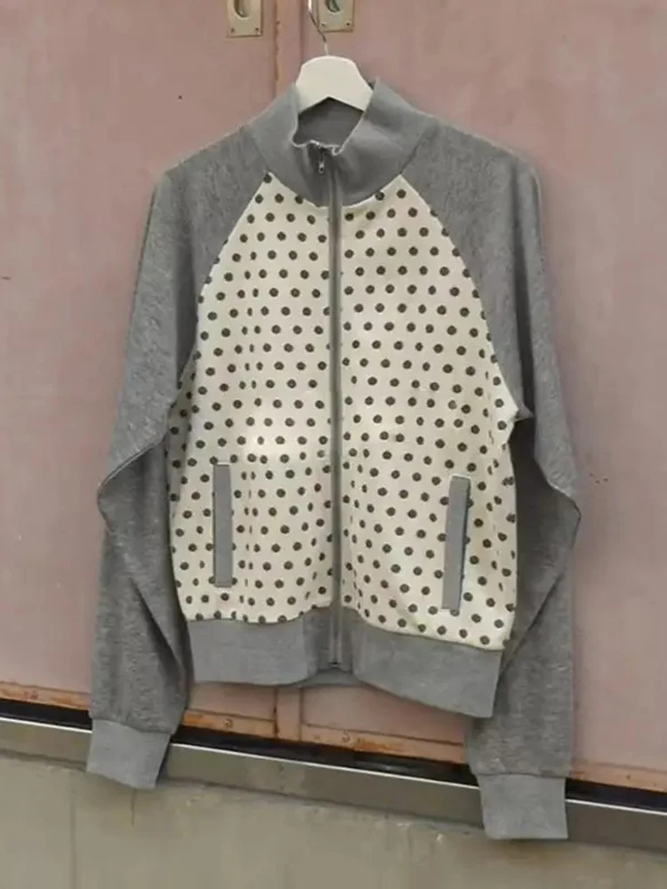 

Y2k толстовка в горошек винтажные толстовки женские корейский стиль пальто с воротником-стойкой эстетические топы в стиле гранж женские куртки с капюшоном на молнии