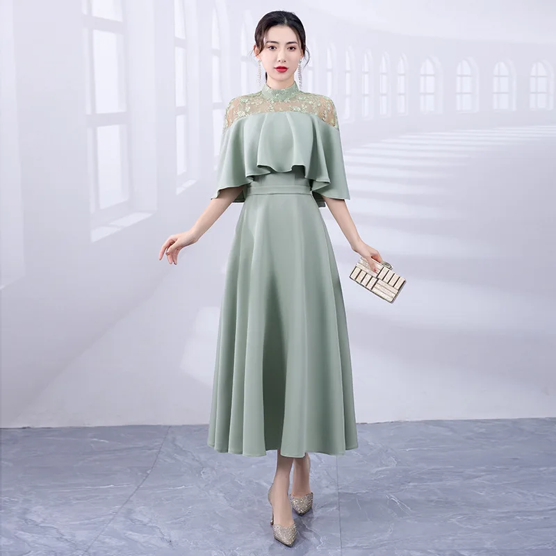 Sempre bonito-vestido de noite longo para mulheres, elegante, verde claro, manga folha de lótus, a-line, cinto flor, vestido de baile, novo, 2023