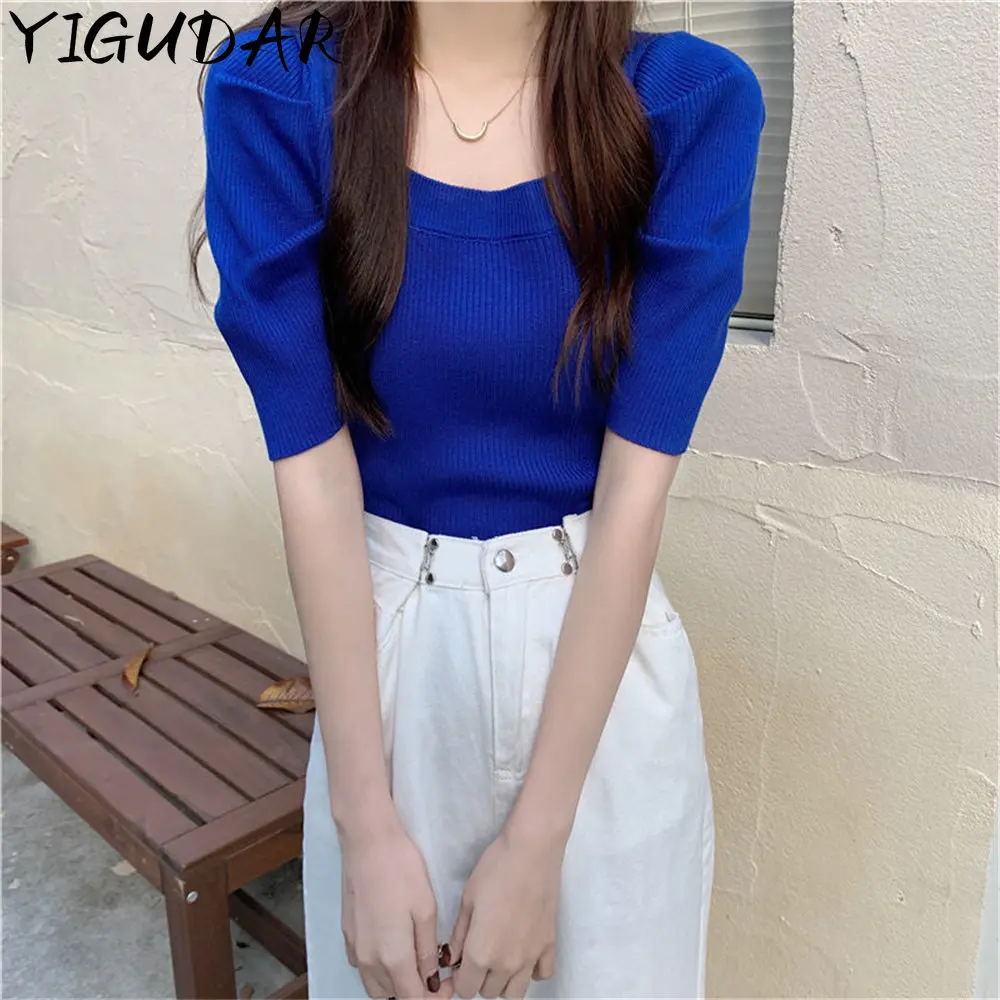 2023 Summer Women's New V-neck Waistband Slimming Bubble Sleeve Knitted Temperament Commuting T-shirt Short Sleeved Top y2k