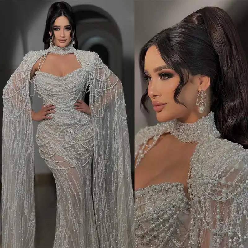 Splendidi abiti da sposa a sirena con giacca senza spalline Perle Paillettes Abito da sposa Abito da sposa sexy lungo fino al pavimento Personalizzato