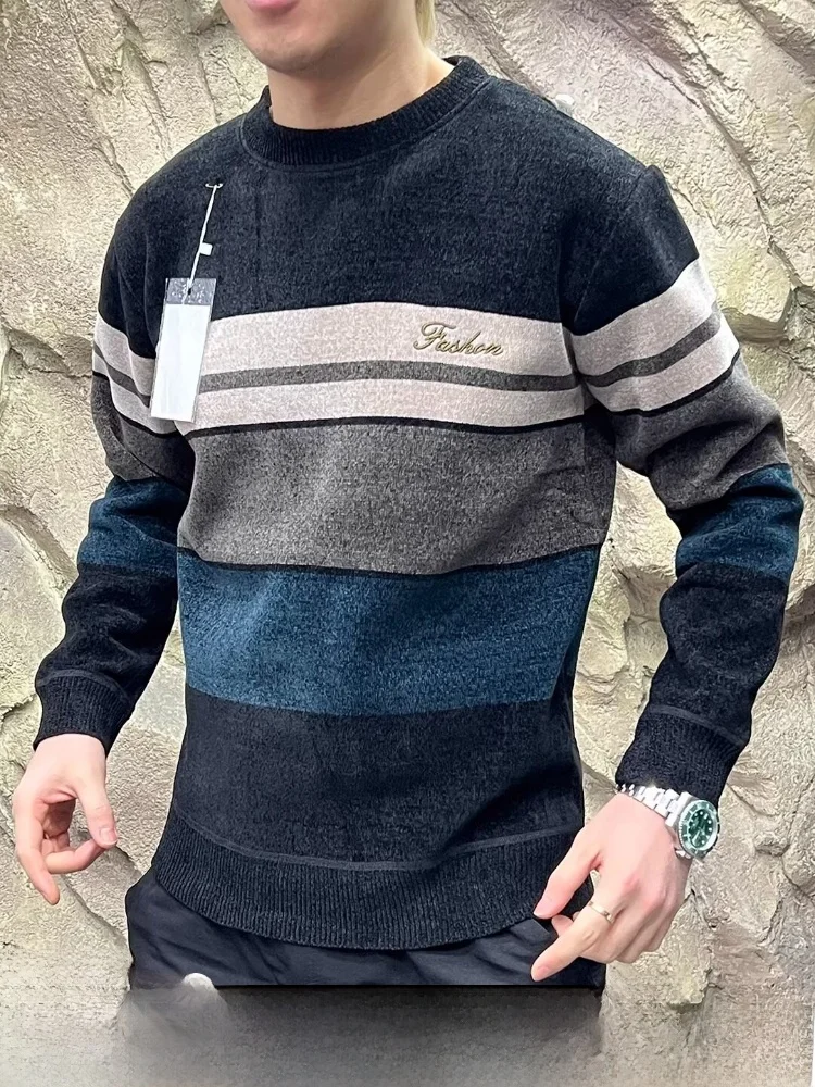 

Soft Touch Thickened Chenille Winter Men's Fleece Lined Thick Warm Striped Base Shirt round Neck Sweater Trendy Casual Style