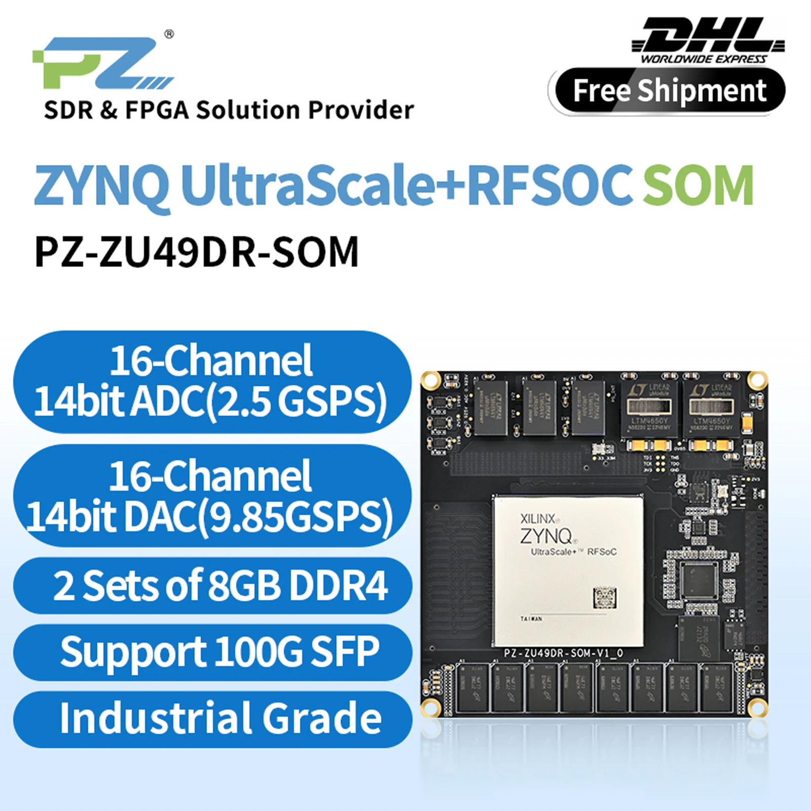 Puzhi PZ-ZU49DR-SOM FPGA Core Board Xilinx ZYNQ UltraScale + RFSOC XCZU49DR Grau Industrial ADC 14bit 2.5Gsps DAC 14bit 9.85Gsps