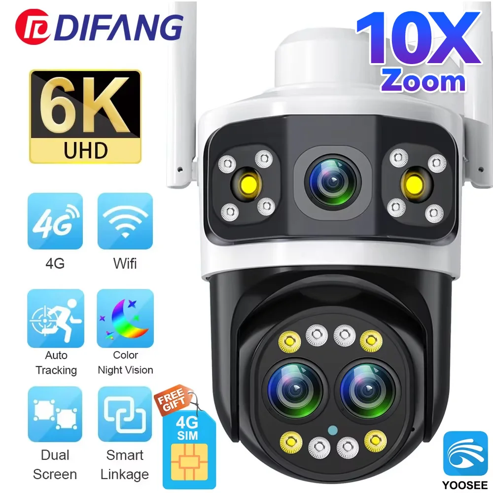 

6K UHD 8MP Outdoor IP Camera 4G PTZ Three Lens 10X Zoom AI Human Detection Dual Screens WiFi Camera CCTV Security System Yoosee