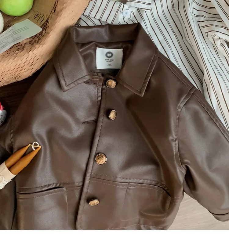 Korean Style Autumn Baby Girls Coats PU Leather Brown Jackets Shirts Single Breastede Cardigans New Arrival Kids Outwears