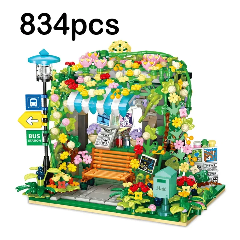 

834pcs MOC Idea City Street View Flower Newsstand Building Blocks Bricks Construction DIY Toys for Children Gift Set