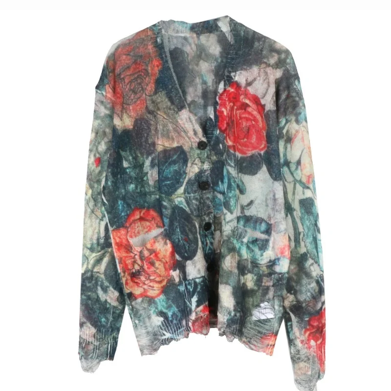 2025년 가을 신상 카모플라주 장미 프린트 니트 스웨터 Y2K 여성 한국 레트로 꽃자수 V넥 니트 가디건