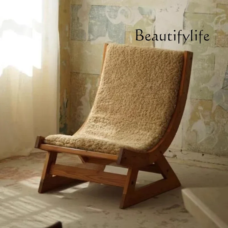 C Medieval Single Sofa Chair Solid Wood Retro Designer Lamb Wool Leisure Lazy Chair Leisure Chair