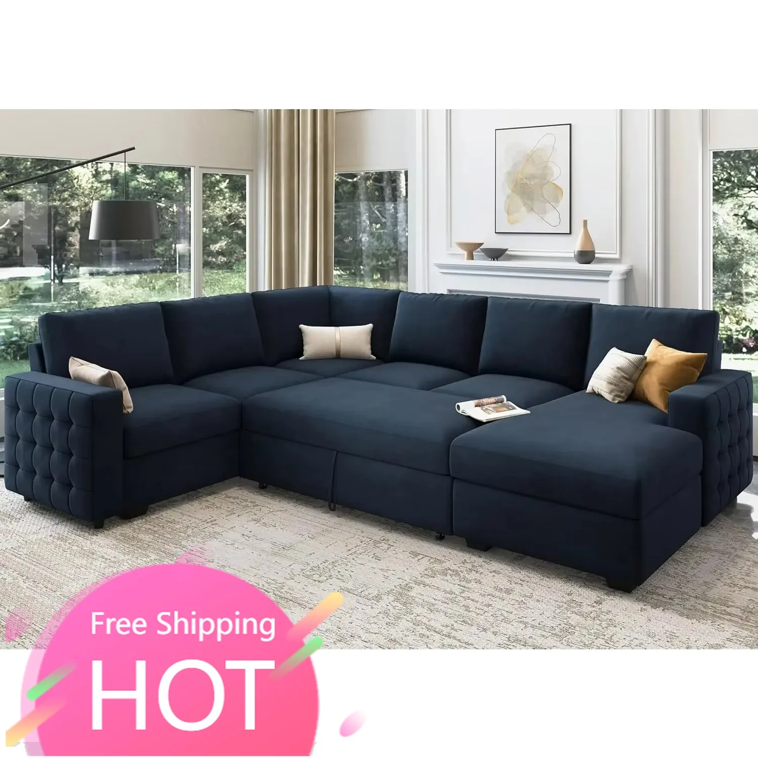 Best Seller Sectional Sleeper Sofa with Pull Out Bed U-Shape Sectional Couch Sleeper Bed with Storage Chaise Lounge Living Room