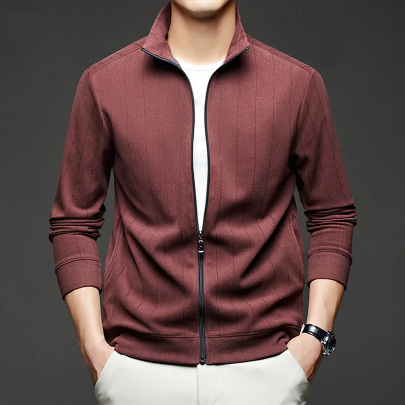 

Мужская куртка 2026 Весна: Новая тонкая повседневная куртка с воротником-стойкой, в полоску, на молнии, с длинным рукавом, мягкая, универсальная