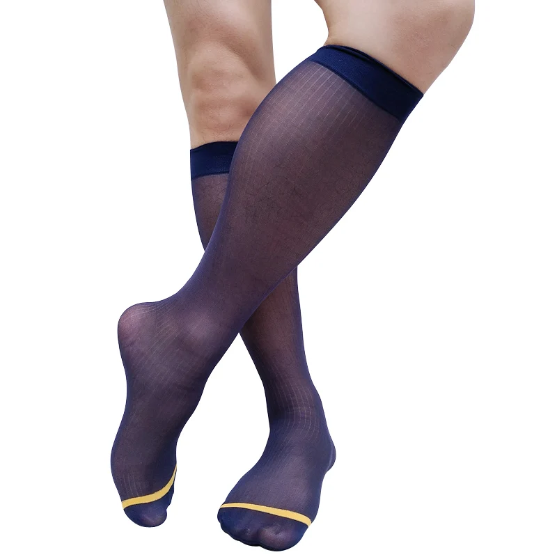 Softy Sheer Thin Mens Formal Socks Transparet Striped Knee High Sexy Dress Suit Business Socks Black / Navy Hose Stocking