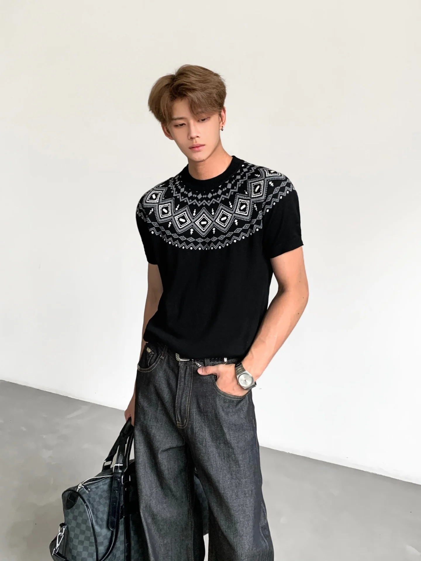 Ace Men's Knitted Wool Blend T-Shirt Short Sleeve Shoulder Insertion Retro Style Breathable Comfortable Fit for Various Activ...