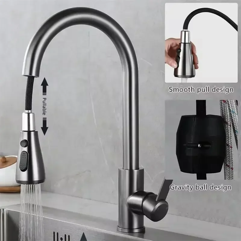 

Kitchen Faucets 304 stainless steel Pull Out Kitchen Sink Water Tap Deck Mounted Mixer Stream Sprayer Head Hot Cold Taps Faucet