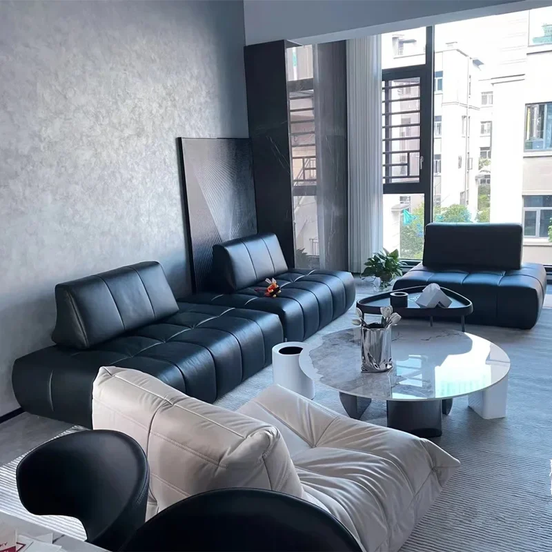 Italian minimalist checkerboard sofa, classic black microfiber leather free combination module sofa