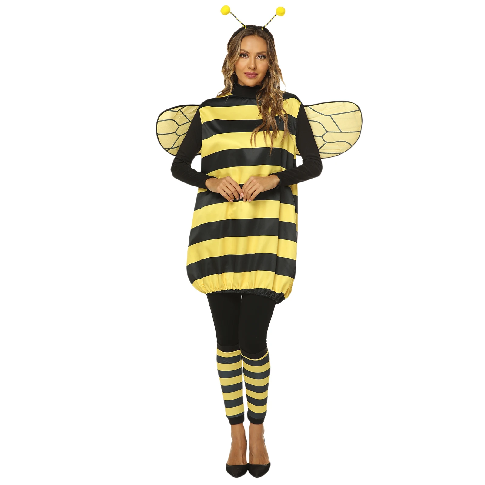 Women Halloween ​Cosplay Costume Set Bee Dress with Wings Headband Leg Sleeveless Role-playing Accessories