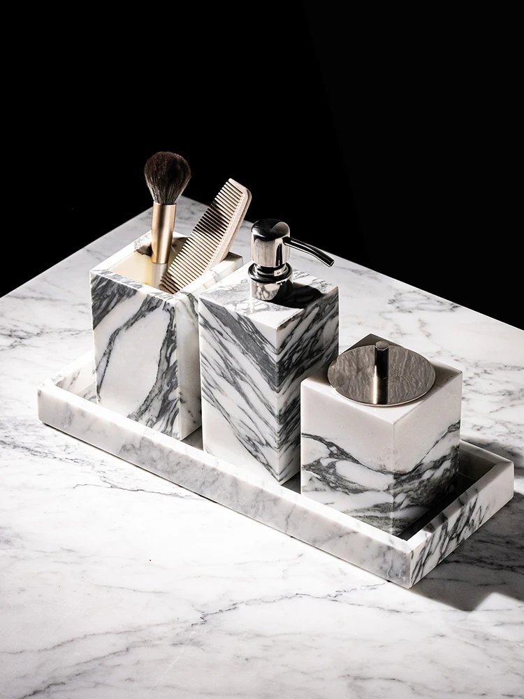 Arabescato Corchia Natural Marble Bathroom Accessories Set Soap Dish Soap Dispenser Reed Diffuser Vanity Tray Bathroom Set