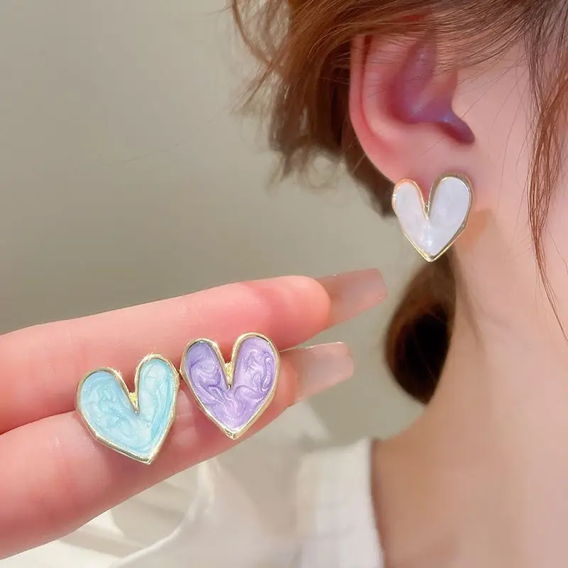 Glitter Enamel Oil Heart Stud Earrings for Women Girls New Fashion Party Golden Color Love Earrings Cute Romantic Jewelry Gift