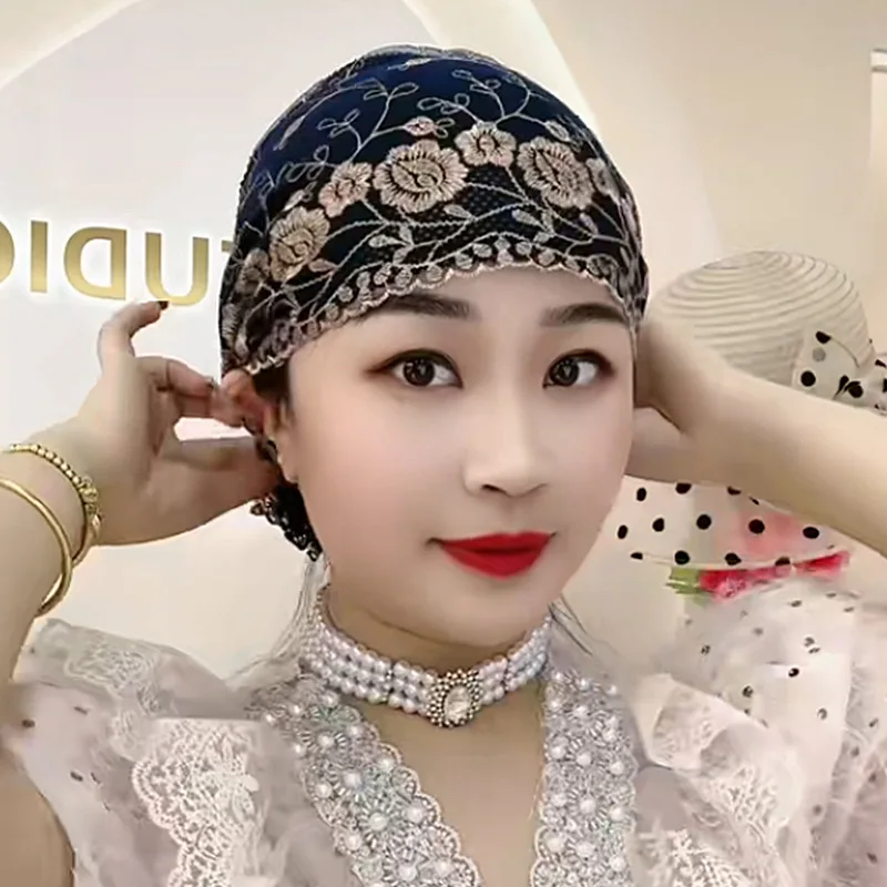 

Breathable Floral Embroidered Turban Bonnet Elastic Full Head Cover for Women Anti Slip Gray Hair Daily Use Outdoor Gift 스카프