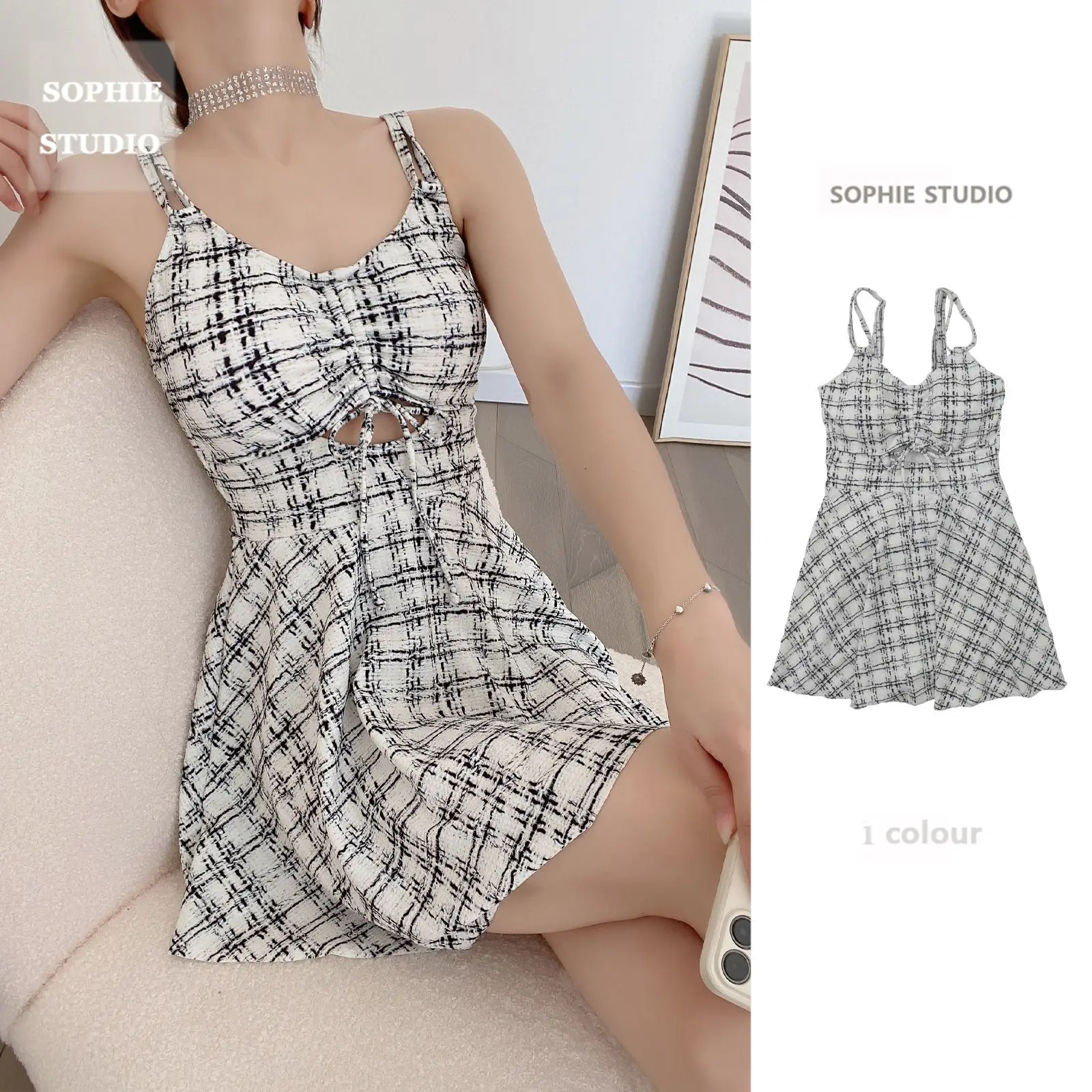 One Piece Swimsuit 2023 Summer New Plaid Printed Spliced Drawstring Sexy Pure Desire Thin Fashion Casual Women's Sling Swimwear