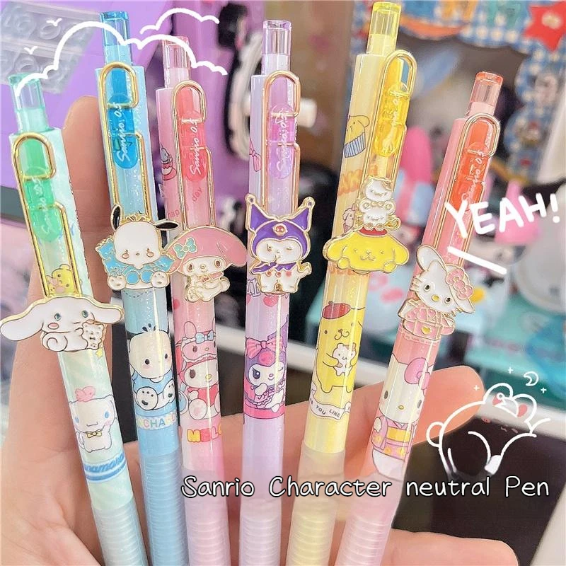 

Sanrio New Cartoon Neutral Pen Cute Kuromi Pachacoo Cinnamoroll Doll Sticker Pen Student 0.5mm Black Writing Smooth Neutral Pen