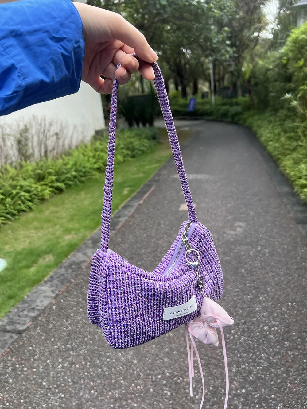 elegancka fioletowa damska torba na ramię Hobos cekinowa konstrukcja kobiece torby pod pachami torba pod pachami mała kopertówka torebki z zamkiem błyskawicznym — zdjęcie 4