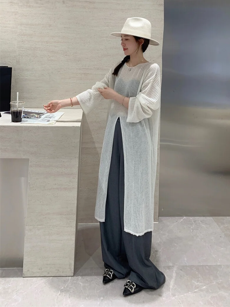

Spring Autumn Ice Silk Hollow out Knitted Long Sve Loose Straight Tube Dr Summer Women's Clothing Korean Sle Commute