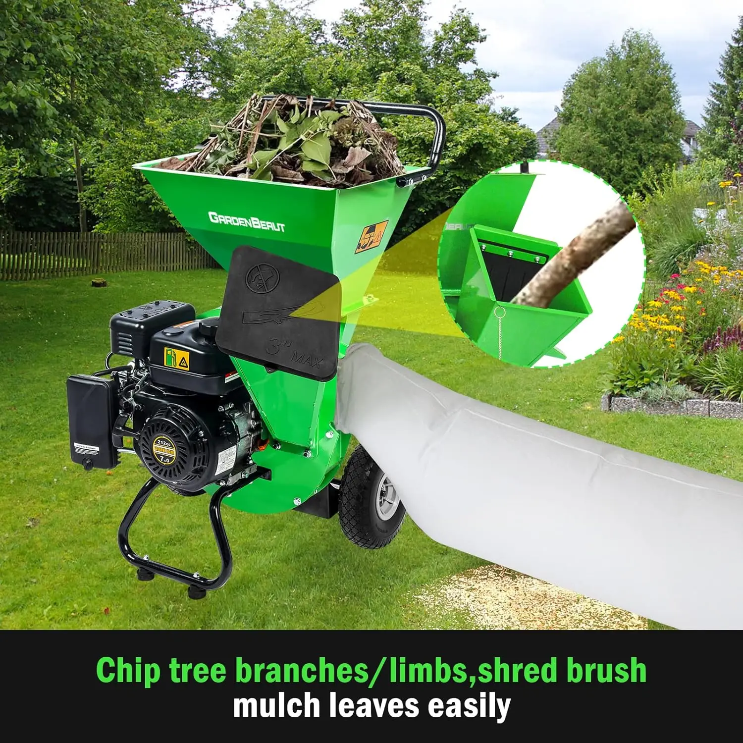 Wood Chipper for Wood Limb Palm Leaves Gas Powered Chipper Shredder Mulcher Max 3 Inch Wood Diameter Capacity