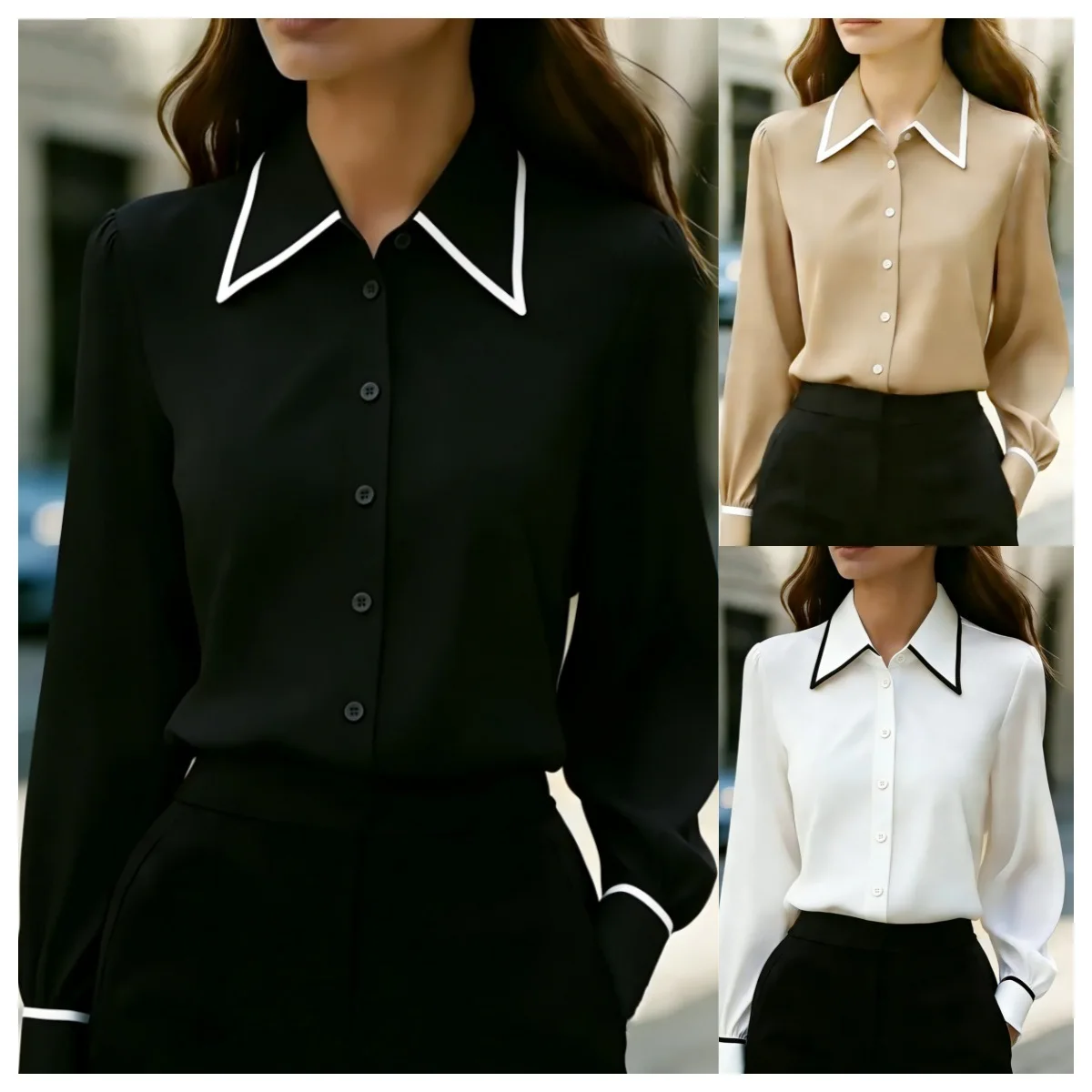 

2026 New Style Casual Fashion Color-Block Turn-Down Collar Long-Sleeve Women's Shirt