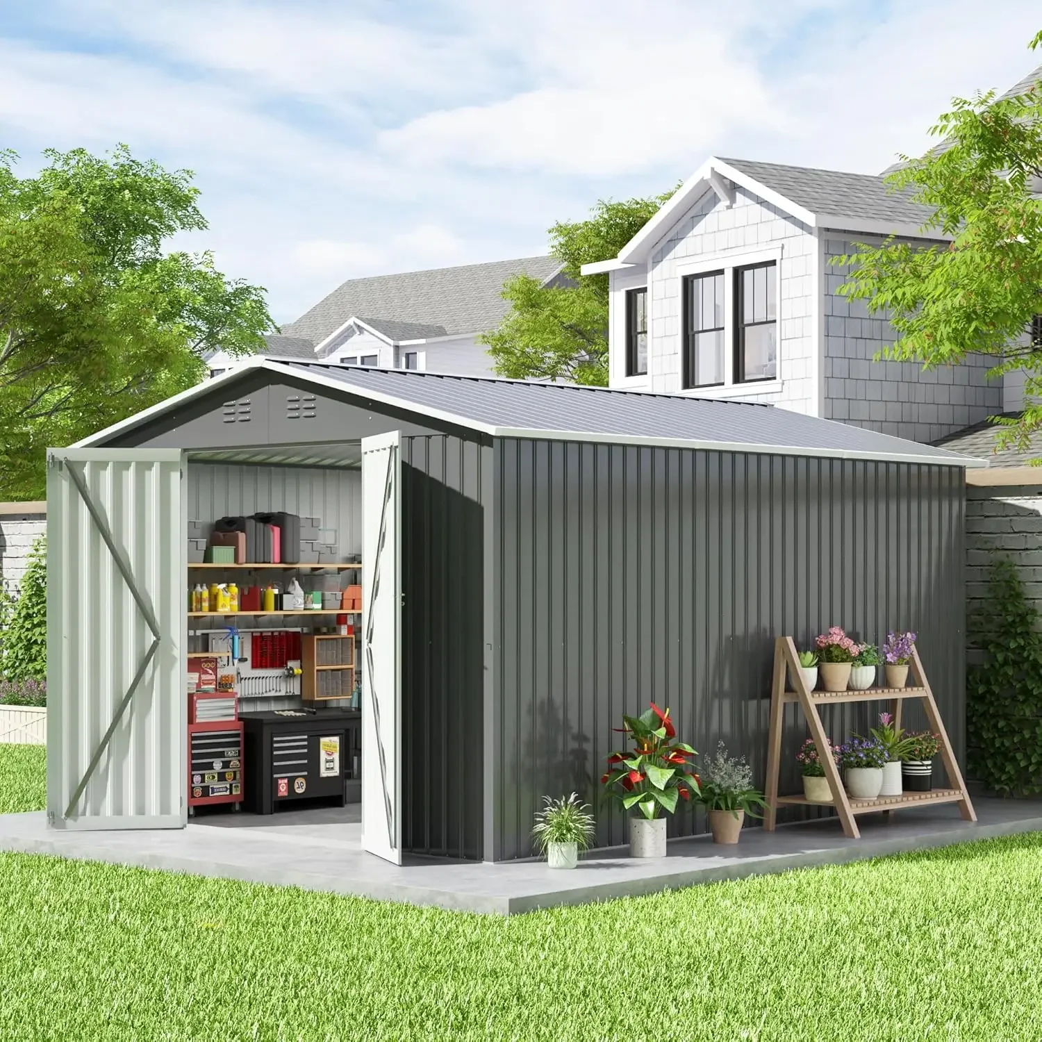 

10x12 FT Outdoor Storage Shed, Large Metal Tool Sheds with Updated Frame Structure and Lockable Doors, Garden Shed for Backyard