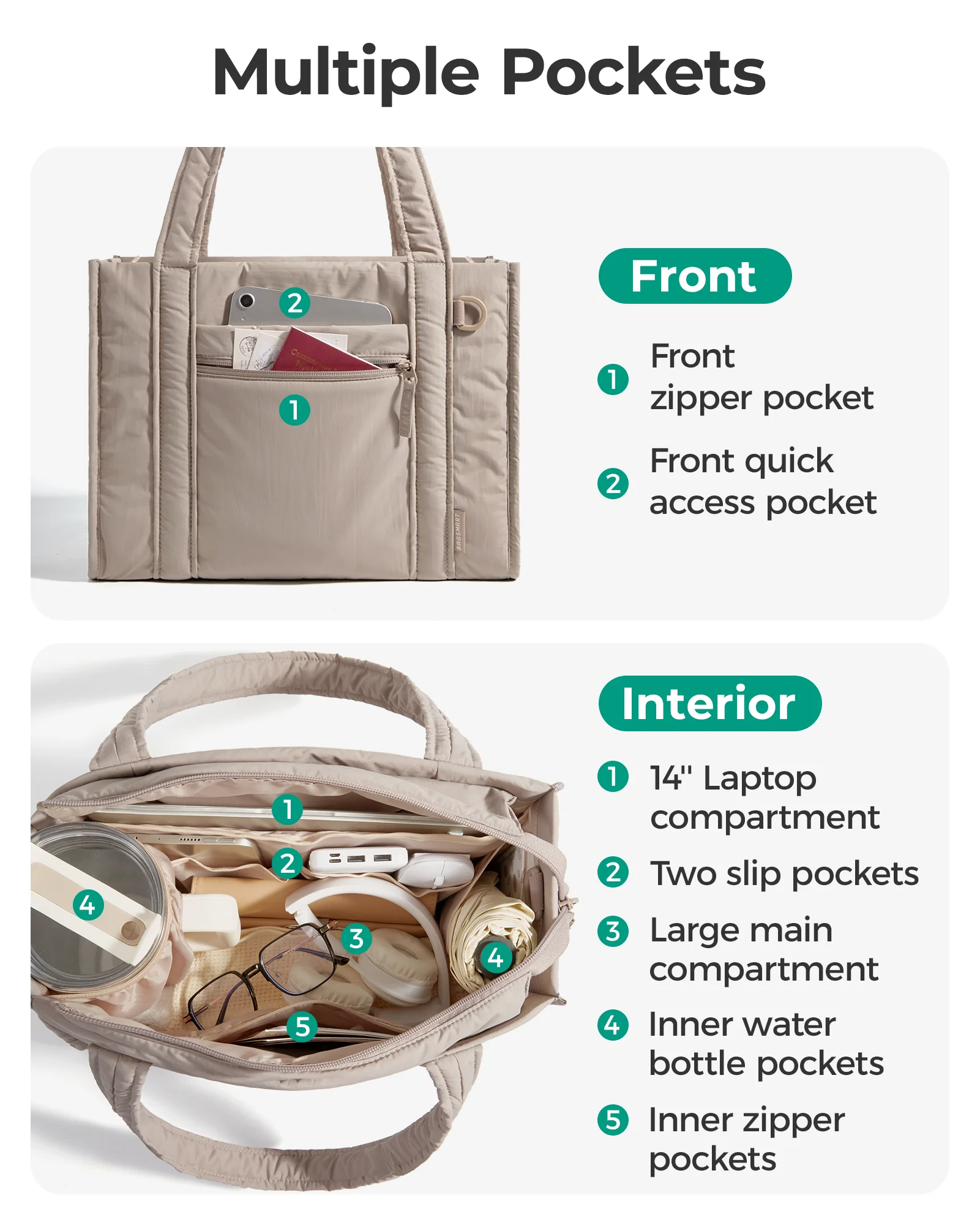 BAGSMART Small Tote Bag for Women Multifunctional Crossbody Bag with Zipper Large Capacity Travel Work College Handbag