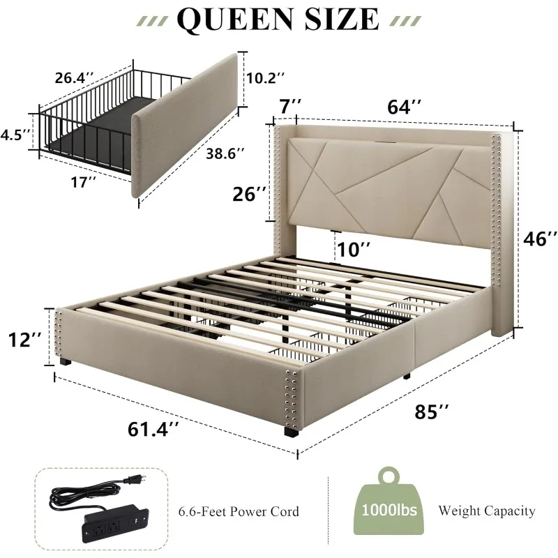 Bed Frame 4 Storage Drawers,Platform Bed Frame Charging Station Wingback Headboard,Solid Wood Slats Support,No Box Spring Needed