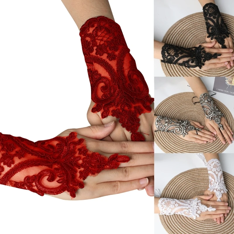 28TF Wedding Party Embroidery Lace Bracelet Medieval Finger Anti-slip Glove for Woman